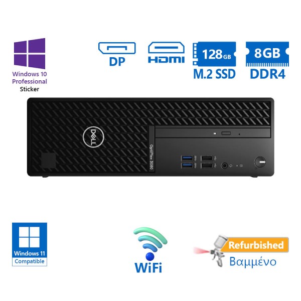 Dell 3080 SFF WiFi i3-10100/8GB DDR4/128GB M.2 SSD/No ODD/10P Grade A+ Refurbished PC
